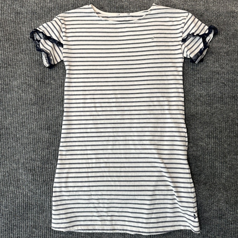 Nautica‎ Striped T-Shirt Dress Girls L White Blue Ruffle Sleeve Cotton